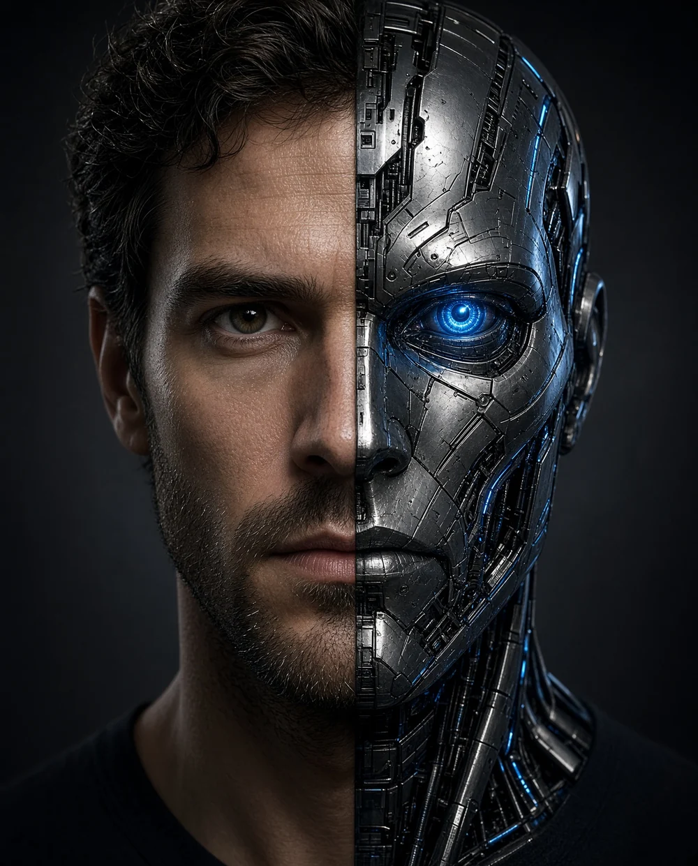Portrait split down the middle: the left half a man, the right half a silver robot with a glowing blue eye.